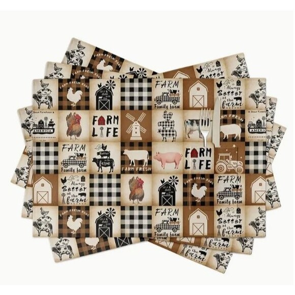 Set of 4 Placemats Farm Life 12x18in Woven Polyester - Picture 1 of 1